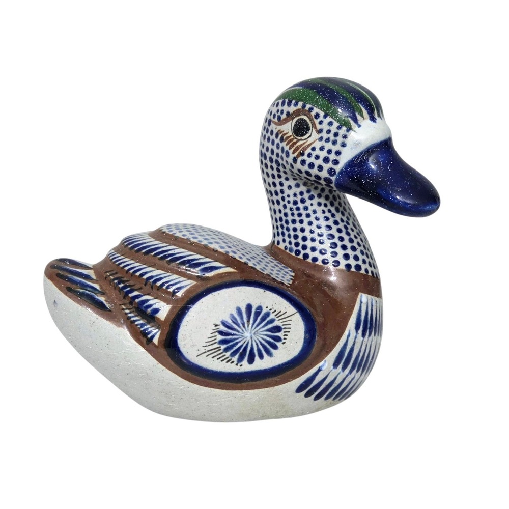 Vintage Tonala Mexico Pottery Duck Figurine Hand Painted Blue Signed Folk Art